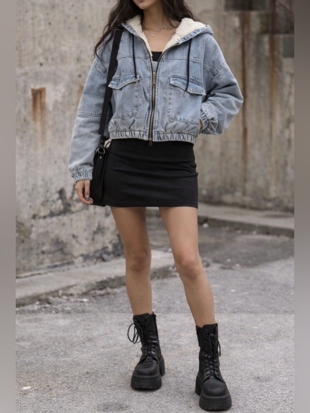 Cropped Denim Sherpa Lined Jacket XL Hooded Y2K Grunge Cozy Blue Jean Jacket